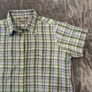 Wrangler Wrancher Shirt Mens‎ XL Short Sleeve Pearl Snap Summer Purple green